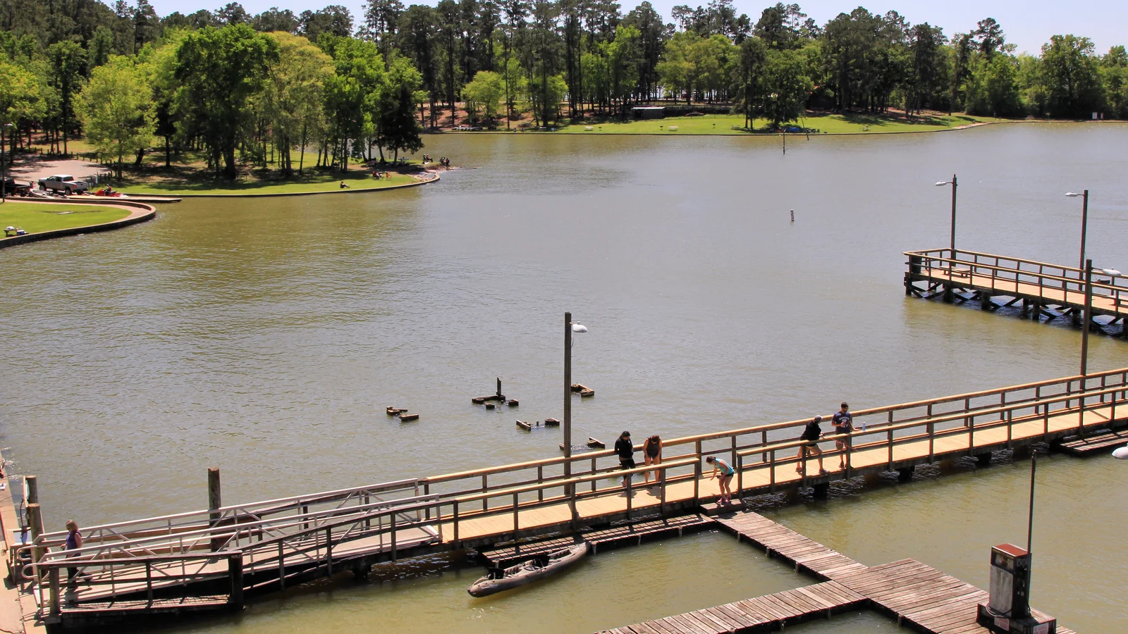 Dock and marina at Lake Livingston State Park, seen from the observation tower