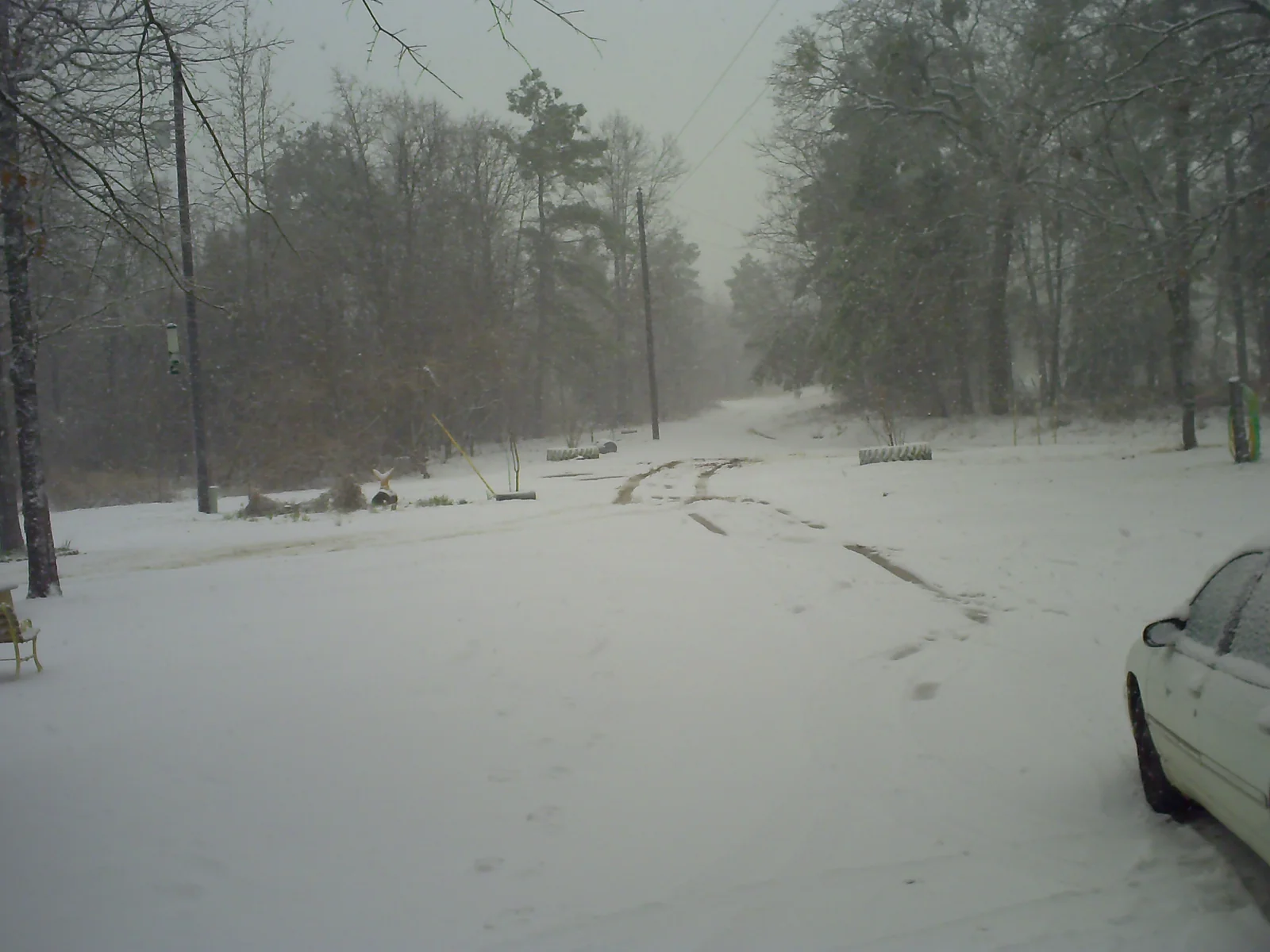 Snow on a wooded lane at the geotagged Kater Hill site in the Winnsboro area, Texas